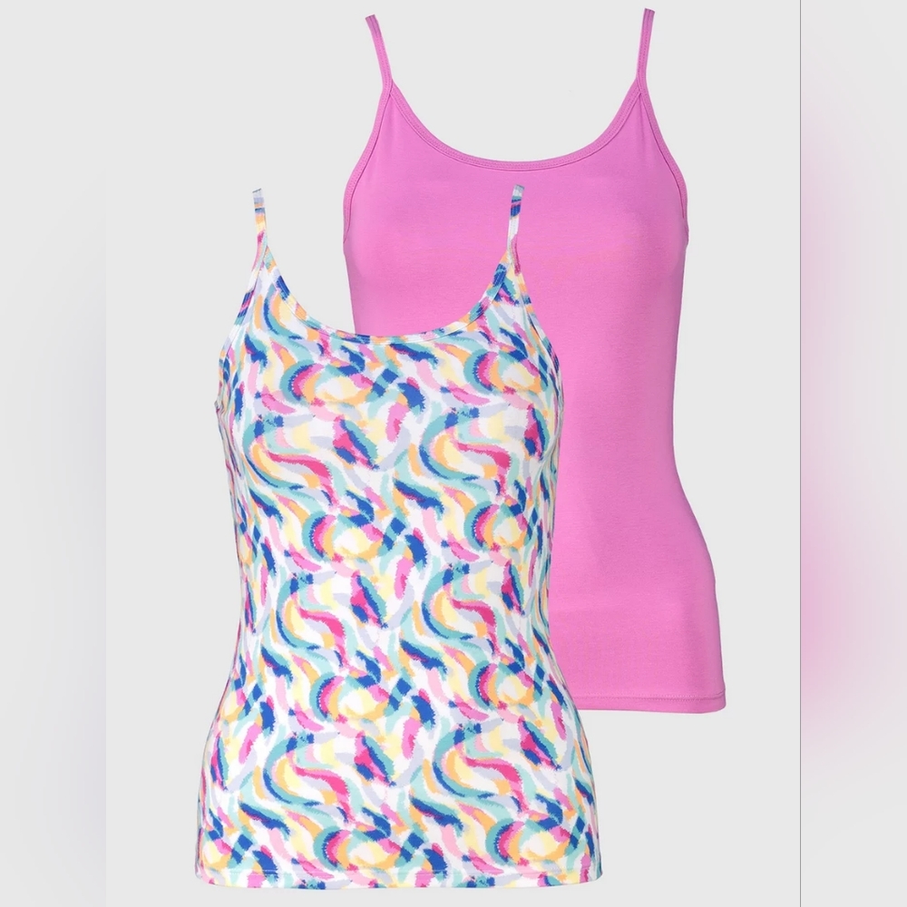 💚Plus & Regular Size 2 Pack Camisole Cami T-Shirt Tee  Floral & Pink Slim Fit